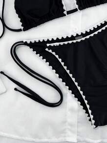 Women's Sexy Black Trim Crop Top Halter Bikini Set, Summer Beach