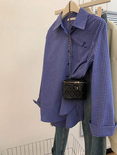 Koszula damska w kratę na jesień/zimę, nowa, modna, w stylu uniwersyteckim, haftowany wzór, kieszenie zapinane na guziki z przodu, luźna, wygodna, idealna do pracy, Klein Blue, odpowiednia do noszenia na co dzień i do pracy