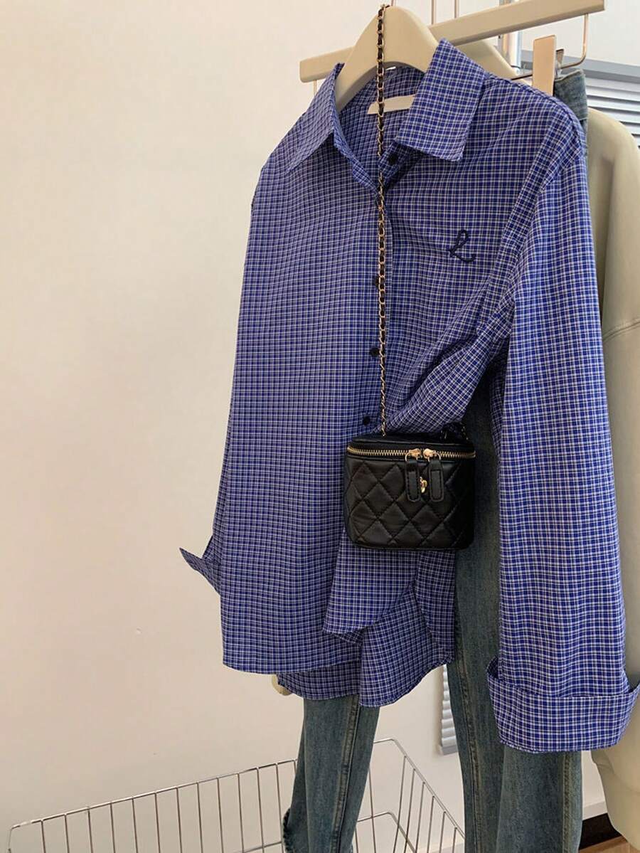 Koszula damska w kratę na jesień/zimę, nowa, modna, w stylu uniwersyteckim, haftowany wzór, kieszenie zapinane na guziki z przodu, luźna, wygodna, idealna do pracy, Klein Blue, odpowiednia do noszenia na co dzień i do pracy