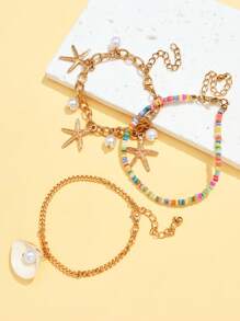 3pcs/5pcs Multi-Color Fashion Bohemian Faux Pearl, Natural Shell, Starfish, Seashell, Butterfly Pendant Beaded Necklace & Bracelet Set, Suitable For Valentine's Day, Best Friends, Family, Beach, Party, Gift, Daily Wear For Women