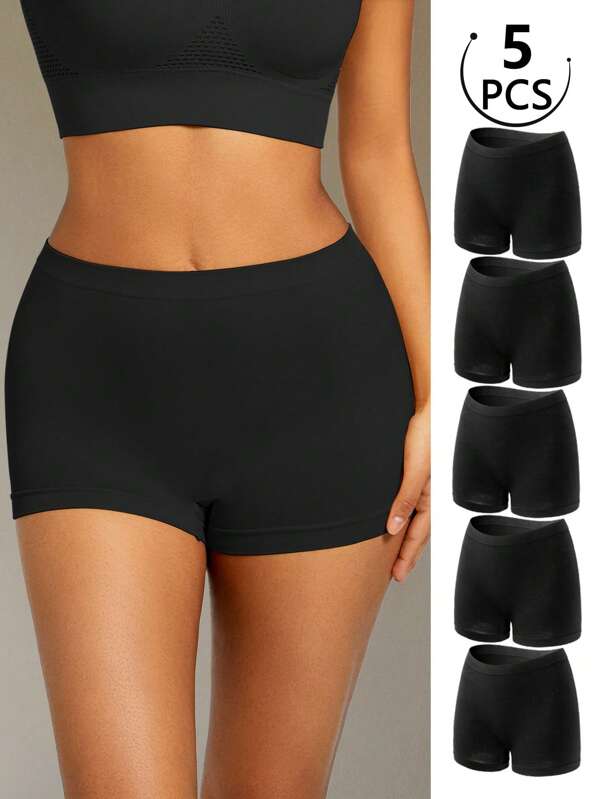 5 piezas/paquete Boxers de cintura media, shorts ajustados cómodos, casuales y transpirables, de algodón elástico delgado y talla grande para mujeres, color negro