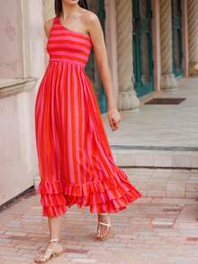 Off The Shoulder Elastic Waist Ruffle Dress, Elegant Cocktail Party Wedding Guest Gown, Spring/Summer New Arrival - Pink - View 5