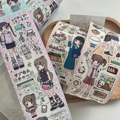 Vintage Masking Tape Roll, Girls Daily Stickers For Basic Collage, Character Journal, Cute School Supplies, Back To School