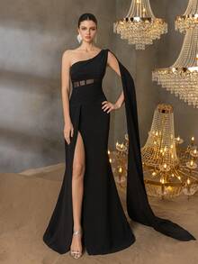Faeriesty Elegant One-Shoulder Evening Gown With Fishbone Structured Slimming Silhouette & Floor-Length Skirt - Perfect For Luxury Weddings, Red Carpet Appearances, Art Gallery Dinners, And Executive Business Dinners - Black - View 3