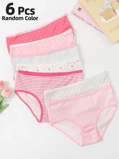 6pcs Random Color Cute, Sweet And Comfortable Teen Girls Heart & Polka Dot Print Daily Underwear Briefs