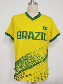 Camiseta de fútbol amarilla número 10 estilo brasileño para hombres, cuello redondo, de tela de punto, apta para partido, entrenamiento y uso casual - Amarillo - Ver 2