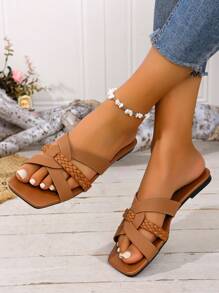 Sandalias con suela gruesa tejida de PU con diseño de rombos bohemio de cruce para mujer, para playa, resort y uso al aire libre en verano