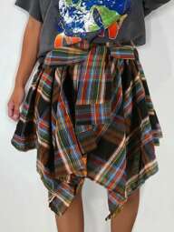 플러스 사이즈 캐주얼 스타일 짜여진 울 허리 묶음 비대칭 밑단 컬러 체크 스커트