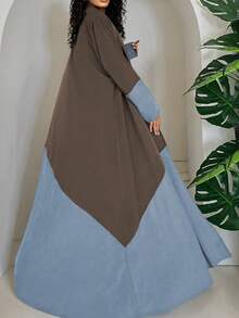 Women's Plus-Size Color Block Splicing Long-Sleeved Loose Turkish Robe Coat Is Elastic., Modest - Blue Brown - View 2