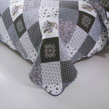 WONGS BEDDING Copriletto 220x240 cm Copriletto Patchwork Blu Copriletto Trapuntato Trapunta Motivo Fiori Copriletto in microfibra a quadri con 2 federe 50x75 cm