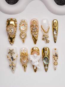 Spring/Summer Y2K Almond-Shaped Handmade Press-On Nails, Nude, Gold, White Nail Tips With French Edge, Irregular Metallic Liquid Design, Beads, Hearts, Pearls, Gems, Crosses, Rhinestones, Angel Decors. 10pcs/Set, 3 Size Options. Suitable For Party, Formal Occasions, Daily Wear. Includes Nail Tool Kit. Great Gift For Women & Girls.
