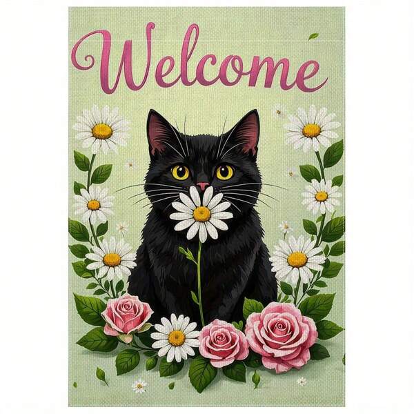 1pc Double-Sided Spring Flowers Black Cat Welcome Garden Yard Flag - Vibrant Floral Design With Pink Roses, White Daisies & Green Foliage, Durable Polyester 12x18 Inch Outdoor Decor For Porch, Patio, Yard, Holiday & Seasonal Use, No Flagpole Needed, Cat Garden Flag, Whimsical Animal Design