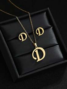 1 Set A-Z Stainless Steel Initial Necklace And Stud Earrings Jewelry Sets Alphabet Letter Pendant Chain Accessories Gifts