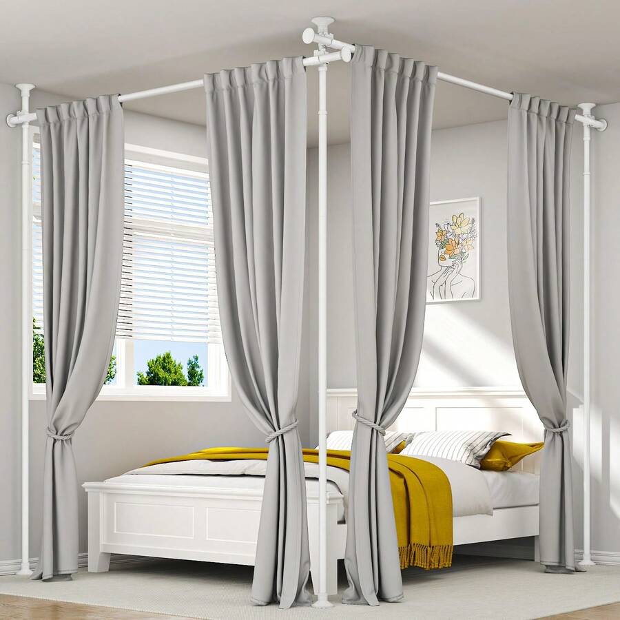 Partition Room Divider Curtain Rod, Adjustable Wall Divider For Room Separation, No Drill, Three Mounting Options Ideal For Creating Privacy Space, 63 To 130inch(H) & 31 To 135inch(W),White - White - View 1
