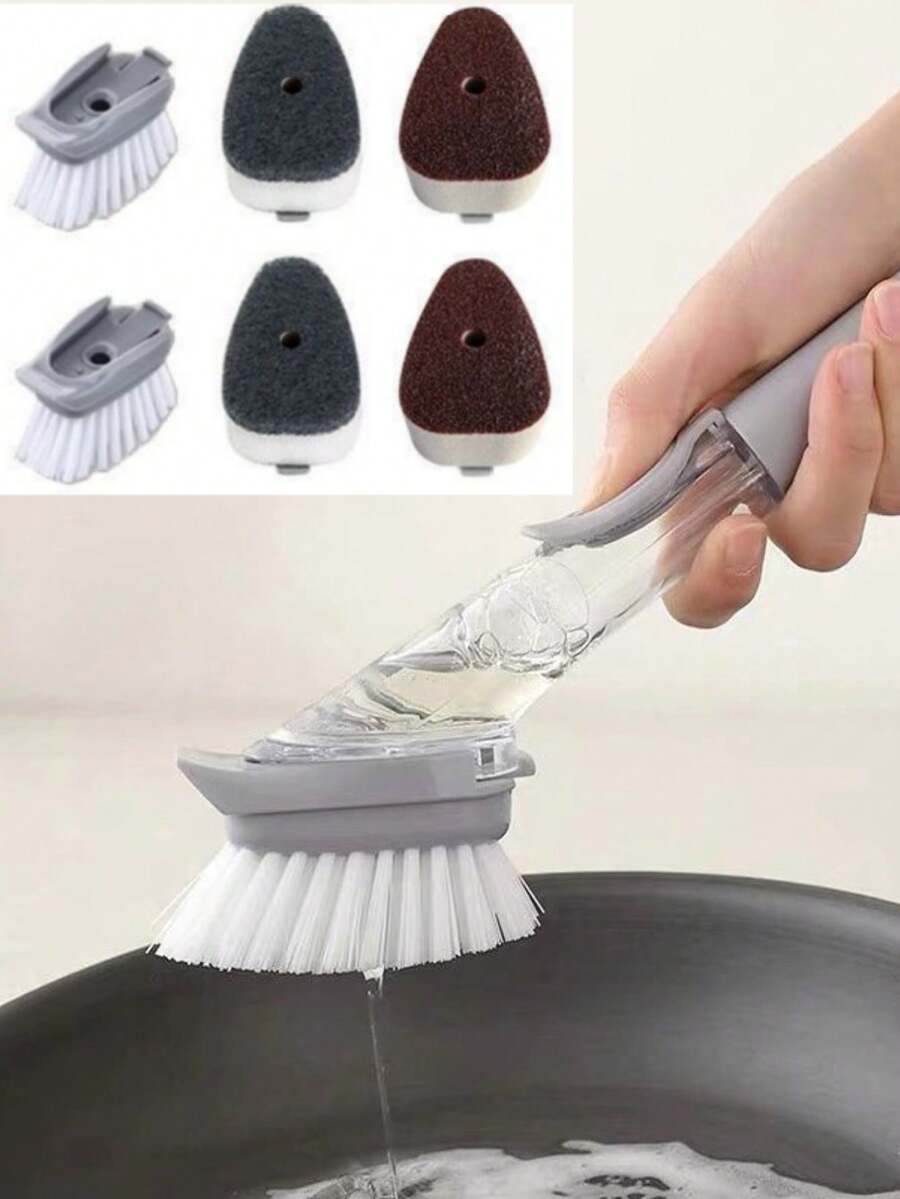 Long Handle Kitchen Cleaning Brushwith Refillable Detergent Reservoir &Replaceable Heads-Multi-SurfaceScrubber For Pots, Pans, Dishes, SinksCountertops,Stovetops,Backsplashes,Non-Scratch Cookware& Appliances