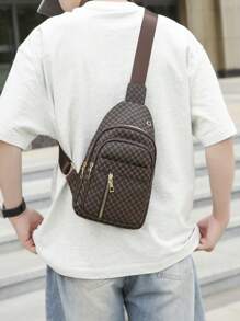 Mini Gingham Print Multi-Pockets Water Resistant Chest Bag Unisex, Portable Messenger Bag For Work, Shopping, Travel, Suitable As Holiday Gift