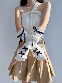 1双甜美可爱芭蕾舞风格系带臂套，针织白色半指手套袖套，洛丽塔公主风臂套，适合约会/日常穿着 - 251#白+粉絲帶 - 查看 3