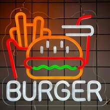 1 pezzo Insegna al neon di hamburger e patatine per decorazione da parete, luce al neon di hamburger e patatine francesi di 32,0 cm x 30,0 cm , segni di fast food per casa, ristorante, bar, caverna dell uomo, decorazione, Eid Al-Adha Mubarak
