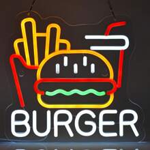 1 pezzo Insegna al neon di hamburger e patatine per decorazione da parete, luce al neon di hamburger e patatine francesi di 32,0 cm x 30,0 cm , segni di fast food per casa, ristorante, bar, caverna dell uomo, decorazione, Eid Al-Adha Mubarak