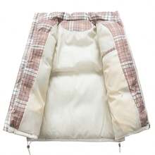 Men's Fashionable Versatile Plaid Contrast Color Lining Casual Outdoor Thick Warm Padded Coat With Water-Resistant Stand Collar, Winter