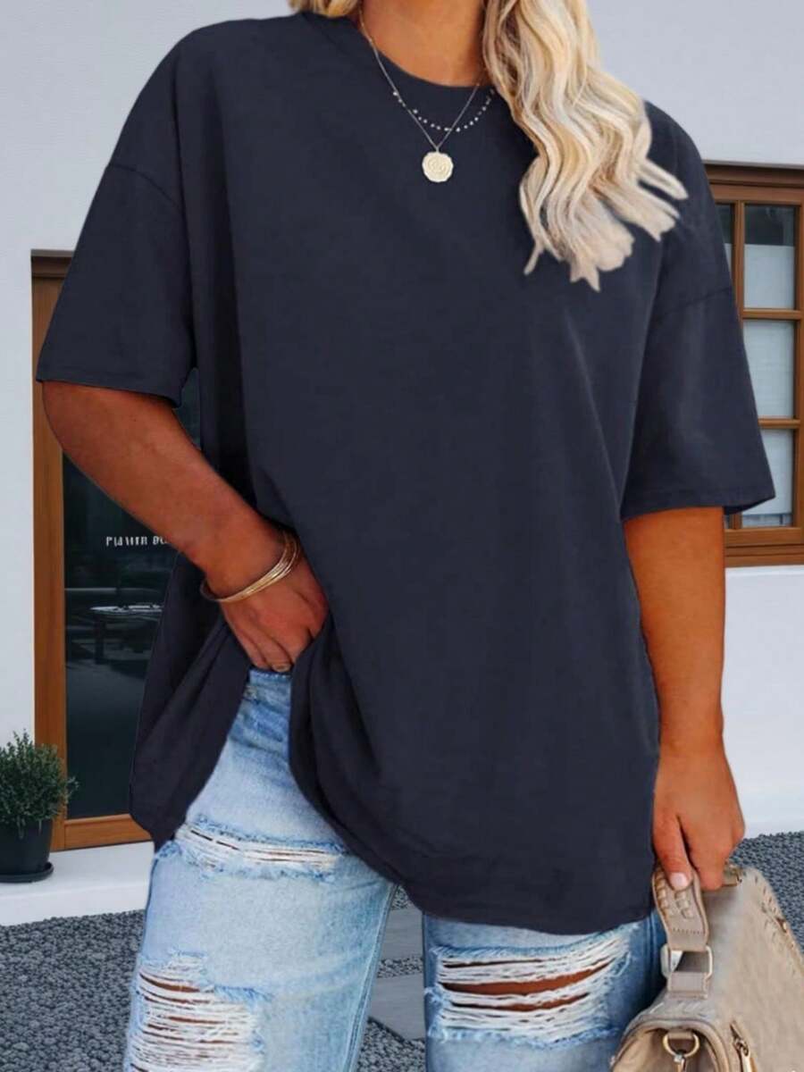 Women's Plus Size Oversized T Shirt Half Sleeve Crew Neck Summer Tunic Top - 藏蓝色 - 查看 1