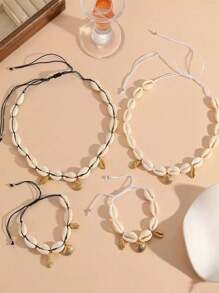 1 Set Ozean-themenfarma Muschelarmband, Hawaii-Stil Muschelhalskette, 18 Karat vergoldeter Edelstahl Clownfisch & Muschel Anhänger Schmuckset, geeignet für Frauen Strandurlaub