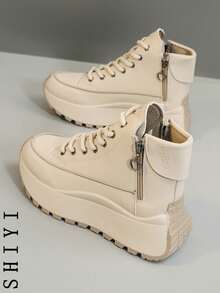 [Thick Sole & Tall Series] 2025 Spring Break New Women's Casual Shoes, Thick-Sole Shoes, White Sneakers, Comfortable Sports Shoes, 6cm Height Increase, Party Shoes Suitable For Petite Women, Sports Style, Solid Color, Preppy, Holiday, Neutral Fashion, Casual, Outdoor, Western, Criss-Cross, Side Zipper, Festival, Wedding, Holiday Party, Office, Outdoor