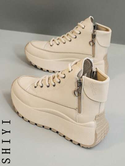 [Thick Sole & Tall Series] 2025 Spring Break New Women's Casual Shoes, Thick-Sole Shoes, White Sneakers, Comfortable Sports Shoes, 6cm Height Increase, Party Shoes Suitable For Petite Women, Sports Style, Solid Color, Preppy, Holiday, Neutral Fashion, Casual, Outdoor, Western, Criss-Cross, Side Zipper, Festival, Wedding, Holiday Party, Office, Outdoor