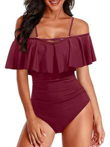 Trajes de baño de hombro para mujer Holipick, trajes de baño con control de abdomen, trajes de baño vintage con volantes - Negro - Ver 7