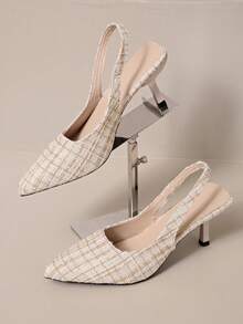 Sapatos de Salto Alto de Bico Fino Femininos - Parte Superior de Tecido Listrado com Bordado Decorativo, Forro Sintético e Sola de Borracha, Sapatos Formais e Casuais Elegantes para Todas as Estações, Adequados para Ocasiões Formais | Estilo Sofisticado | Durável e Resistente ao Desgaste