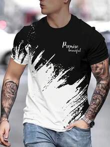 Conjunto De Dos Piezas Para Hombre Compuesto Por Camiseta De Manga Corta Con Estampado De Letras Degradado Y Pantalones cortos con cintura Cortos De Verano - Blanco y Negro - Ver 4