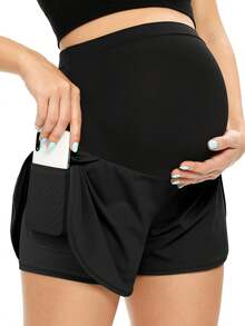Fitglam Women's Maternity Workout Shorts Over Belly Buttery Soft Athletic Yoga Running Shorts With Pocket - 黑色 - 查看 2