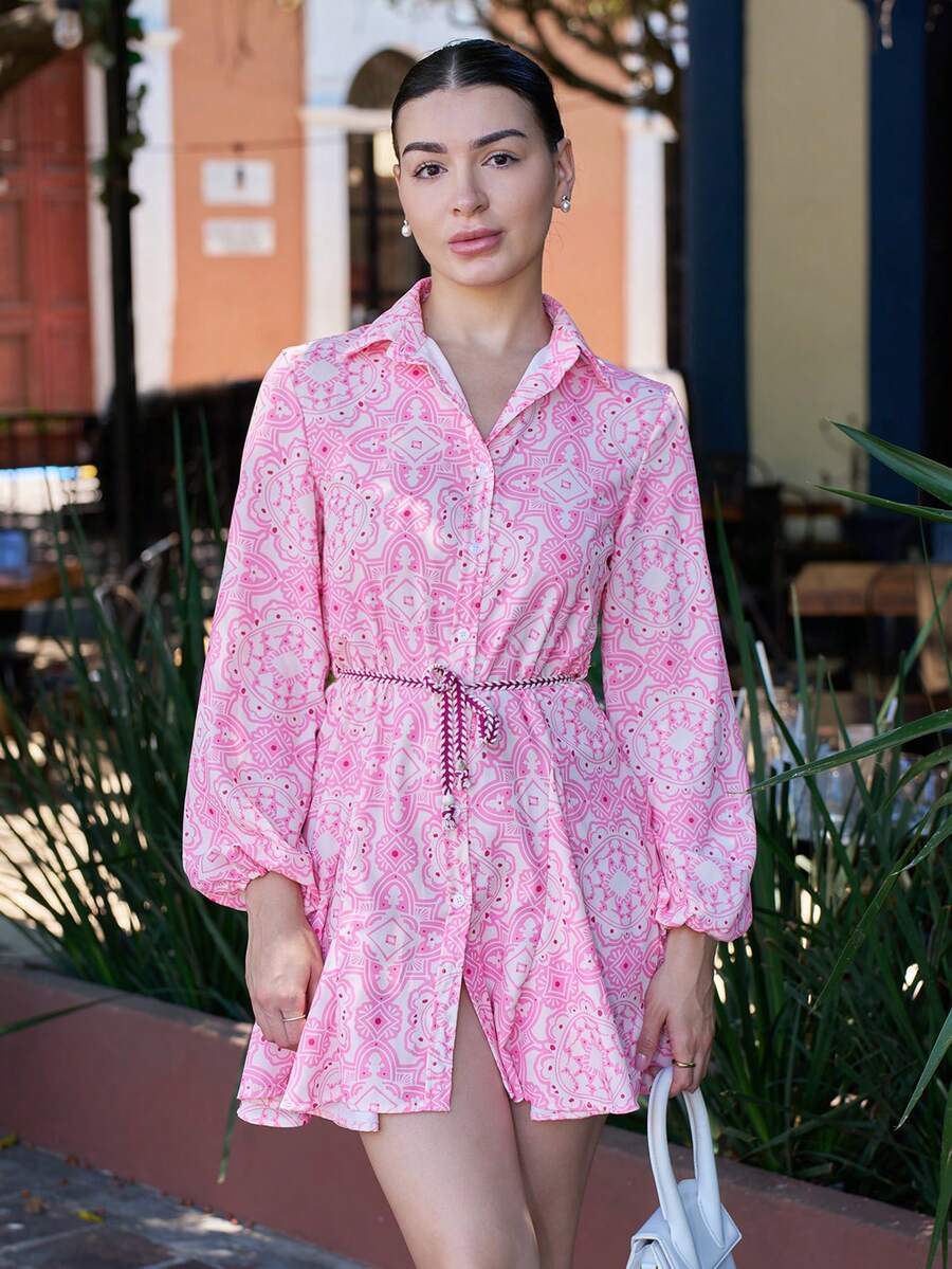 Andrea Bello Random Allover Print Belted Shirt Dress Vacation Outfits Woman  - Multicolor - View 1