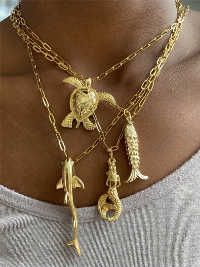 Stainless Steel Vintage Dolphin, Turtle, Mermaid Pendant Necklace, Versatile For Women