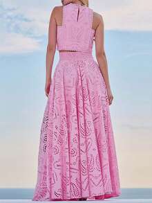 Women 2 Piece Eyelet Skirt Set Sleeveless Hollow Out Lace Tank Top Maxi Skirt Outfits Night Club Party Dress - Hồng - Xem 2