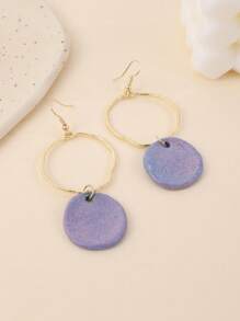 1 Pair Unique Chinese Style Ceramic Round Pendant With Extra Large Metal Circle High-Quality Hoop Earrings, Suitable For Vacation, Party And Daily Wear