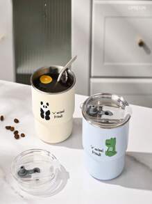 304 Stainless Steel Cartoon Water Cup With Straw And Transparent Lid Couple Water Cup Outdoor Camping Cup Ins Simple Coffee Cup