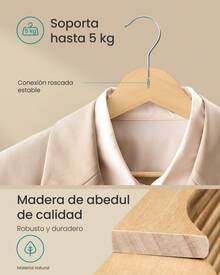 SONGMICS Percha de Madera, Juego de 30, Delgada, Muescas en Hombros, para Pantalones, Gancho Giratorio 360°, Abedul, Beige Natural MCRW030K01 - Marrón - Ver 4