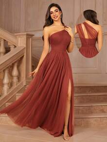 MOEVIO 女式不对称单肩交叉领口薄纱露背 A 字正式长款伴娘婚礼宾客活动礼服，适合夏季情人节生日礼服、秋季女士连衣裙、返校节生日女士服装