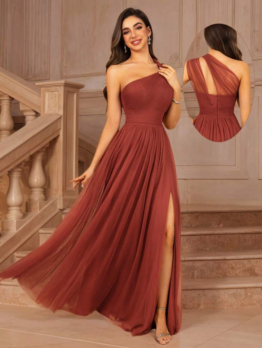 MOEVIO 女式不对称单肩交叉领口薄纱露背 A 字正式长款伴娘婚礼宾客活动礼服，适合夏季情人节生日礼服、秋季女士连衣裙、返校节生日女士服装