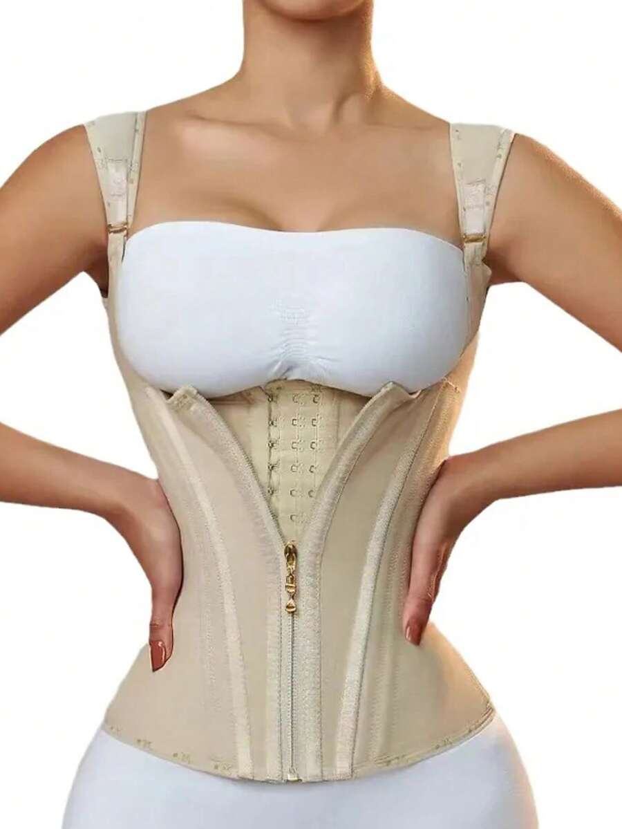 Fajas Colombianas Women Double Compression Waist Trainer Corset With Bone Adjustable Zipper And Hook-Eyes Flat Belly Body Shaper - 米色 - 查看 1