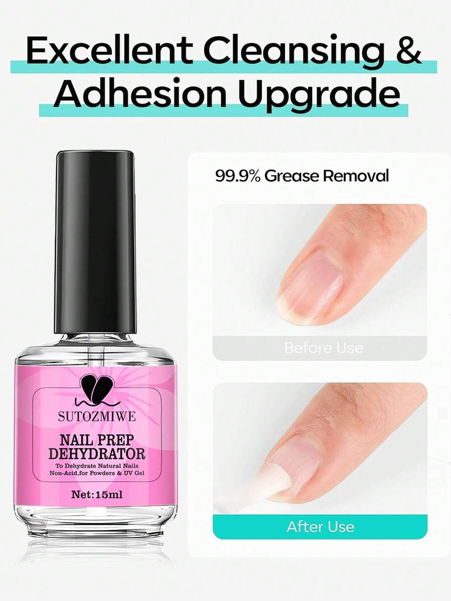 指甲脱水剂，15毫升，无酸指甲预处理脱水剂，适用于贴片式指甲/亚克力指甲/凝胶指甲油，不含HEMA的底胶粘合剂 - 彩色 - 查看 1