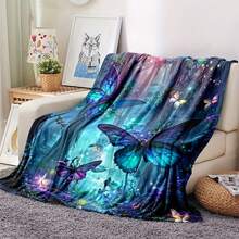 1pc Cabin Style Space Theme Flannel Blanket - 100% Polyester, Suitable For All Seasons, Geometric Butterfly & Tree Pattern, Soft & Skin-Friendly Knit Shawl, Multi-Functional Decorative Sofa Cover, 250-300gsm, Napping Blanket, Leisure