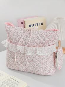 1 件新鲜花卉手提包托特包单肩包绗缝花卉手提包带拉链钱包粉色花卉手提包大手提包工作通勤携带学院风学生装书单肩购物收纳购物袋钱包大手提包女孩软布钱包购物袋