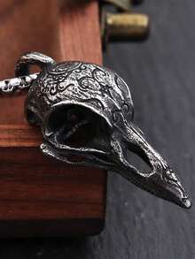 GuoShuang 1pc Vintage Raven Skull Bone Necklace Pendant, Unisex Personalized Gift Decoration - 古董銀 2 - 查看 2