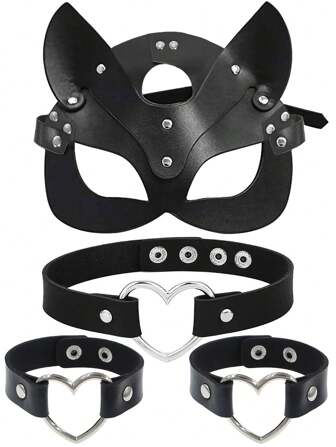 2/4pcs Set Women Leather Fox Half Mask And Heart Neck Rings Heart And Bracelet,Cosplay Holiday Decoration Props
