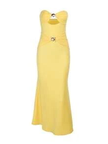 Women's Autumn Strapless Metal Color Beach Vacation Bodycon Dress - Yellow - View 5