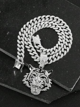 1 pieza Collar con colgante de cabeza de tigre de lujo plateado con diamantes de imitación y cadena de eslabón cubano para hombre, deportivo