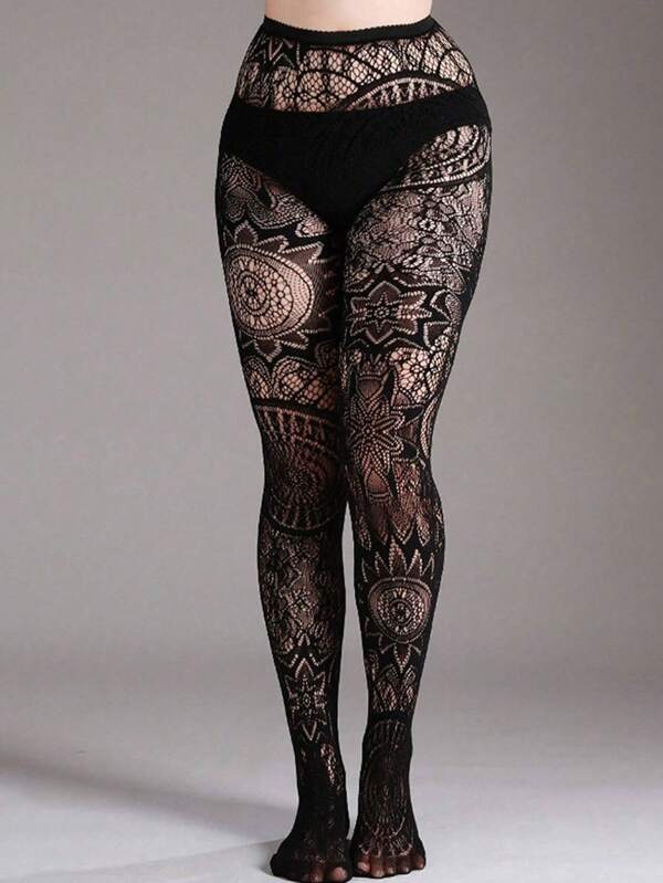 1 peça de meia-calça plus size de malha elástica sólida com estampa de girassol, meia-calça sexy de malha vazada para fantasia de Halloween