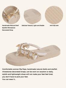 Handmade Natural Shell And Starfish Rhinestone Decorated Strap, Straw Design Flat-Soled Fashionable Casual Beach Sandals, Suitable For Summer Beaches, Vacations, Travel, Embossed Soothing Upper, Women's Soft-Soled Non-Slip Flat Flip-Flops